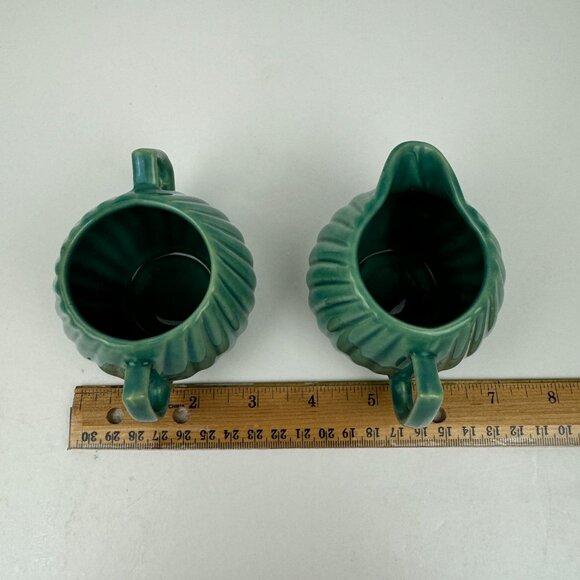 Vtg Small Ceramic Creamer Sugar Set MCM Sage Green Teal Swirled Ribbed Textured - Picture 9 of 10